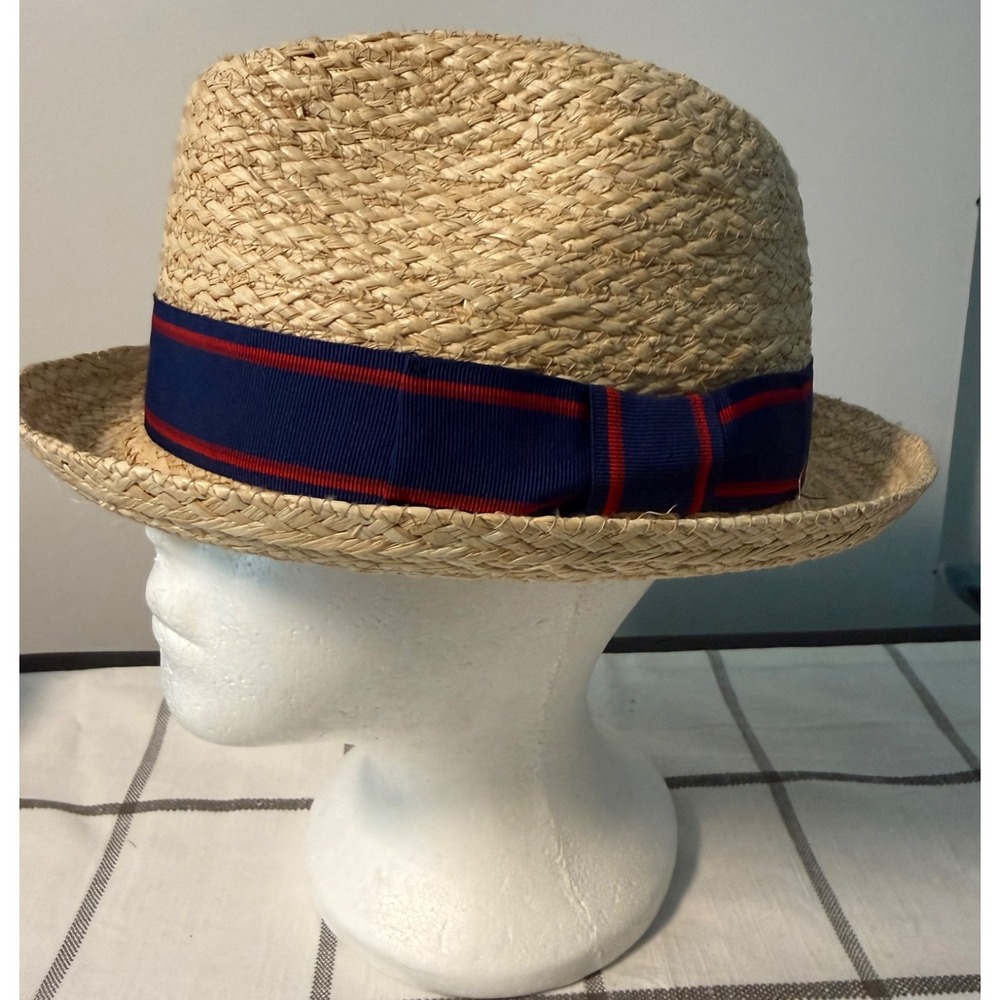 Jaxon Golden Hill 100% Raffia Straw Fedora Hat with Navy & Red Hat Band Size L